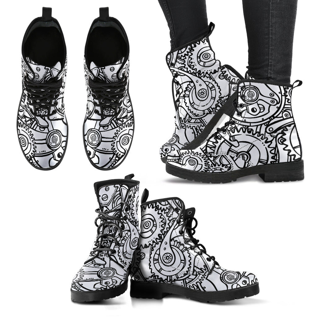 Gears Black & White - Leather Boots for Women